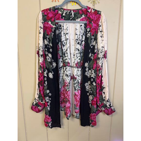 Free People Floral Boho Tunic size large button cuff sleeves hook & eye closure - Picture 1 of 5
